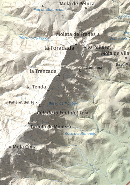 Mapa de relieve de els Quatre Mollons, 433 m, Montsià, lámina 100 Cims de Trobart. Detalle de la zona inferior izquierda. 21 × 30 cm.