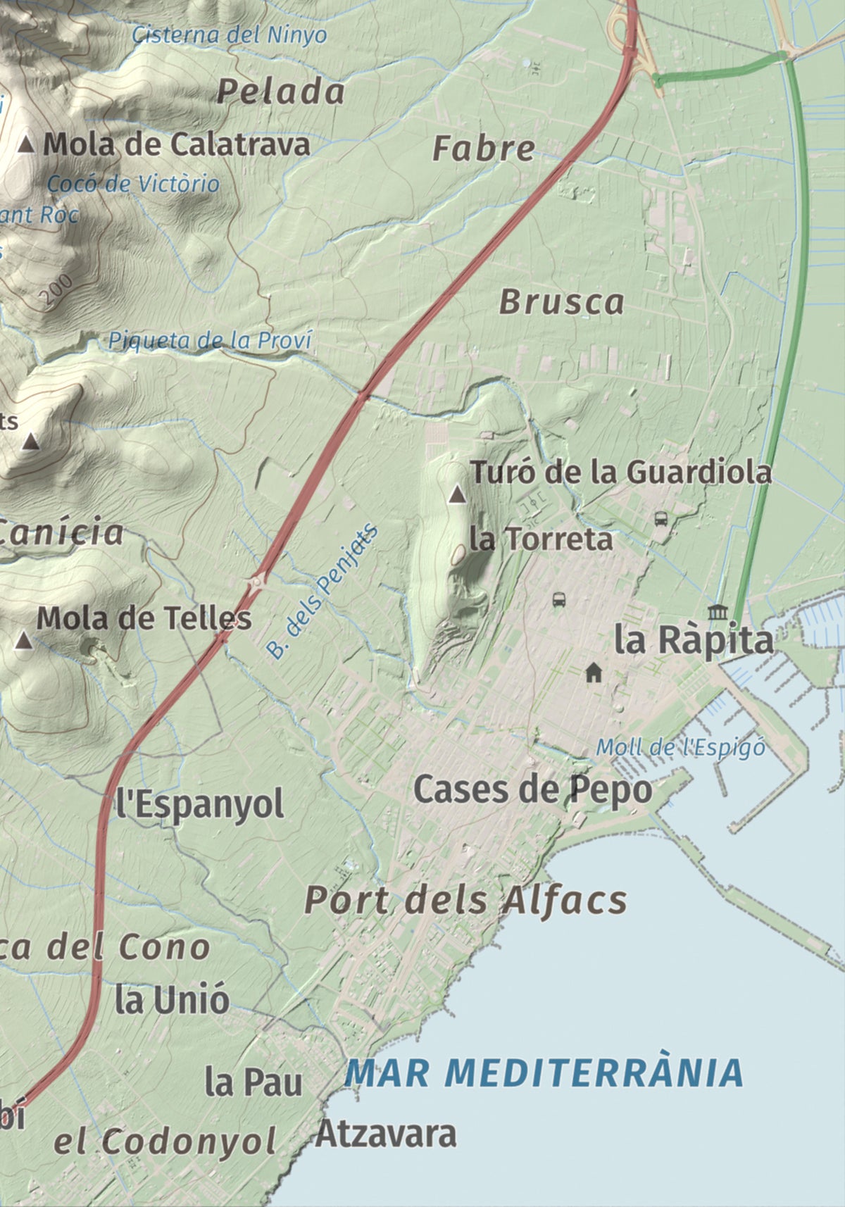 Mapa de relieve de els Quatre Mollons, 433 m, Montsià, lámina 100 Cims de Trobart. Detalle de la zona inferior derecha. 21 × 30 cm.