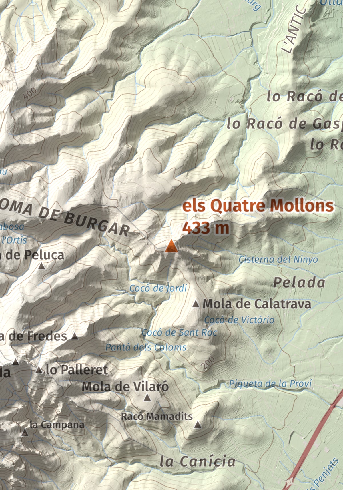 Mapa de relieve de els Quatre Mollons, 433 m, Montsià, lámina 100 Cims de Trobart. Detalle de la zona central. 21 × 30 cm.