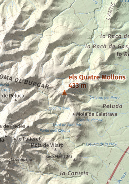 Mapa de relieve de els Quatre Mollons, 433 m, Montsià, lámina 100 Cims de Trobart. Detalle de la zona central. 21 × 30 cm.