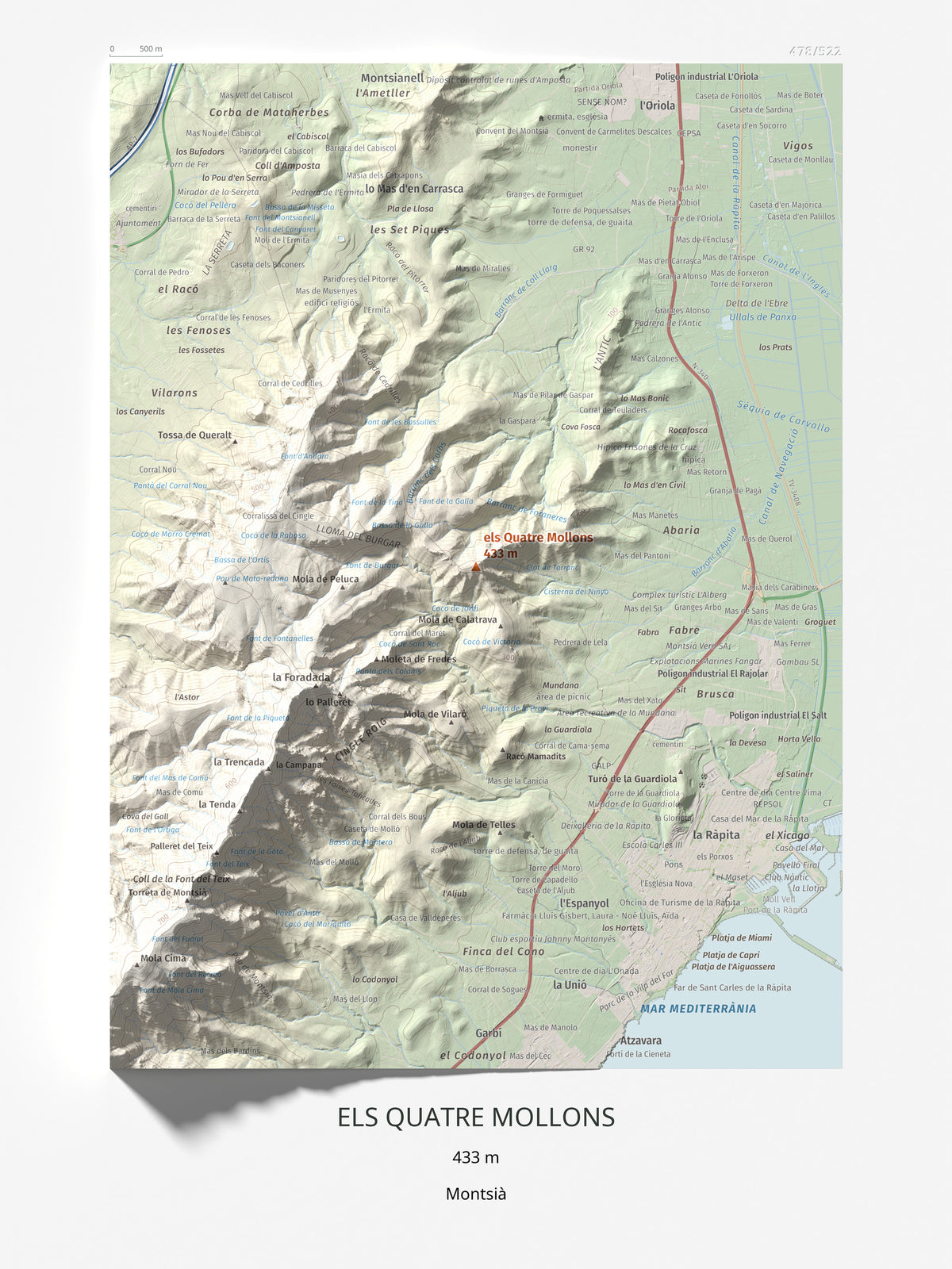 Mapa de relieve de els Quatre Mollons, 433 m, Montsià, lámina 100 Cims de Trobart 30 × 40 cm.