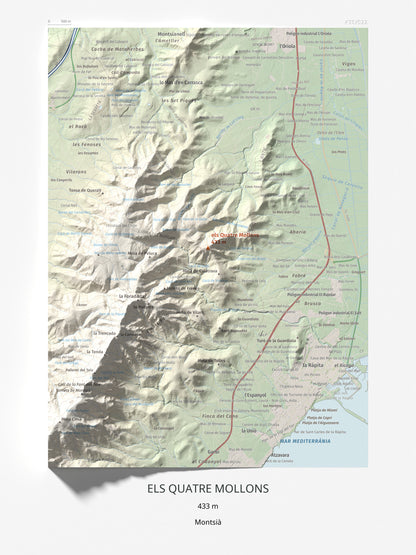 Mapa de relieve de els Quatre Mollons, 433 m, Montsià, lámina 100 Cims de Trobart 30 × 40 cm.
