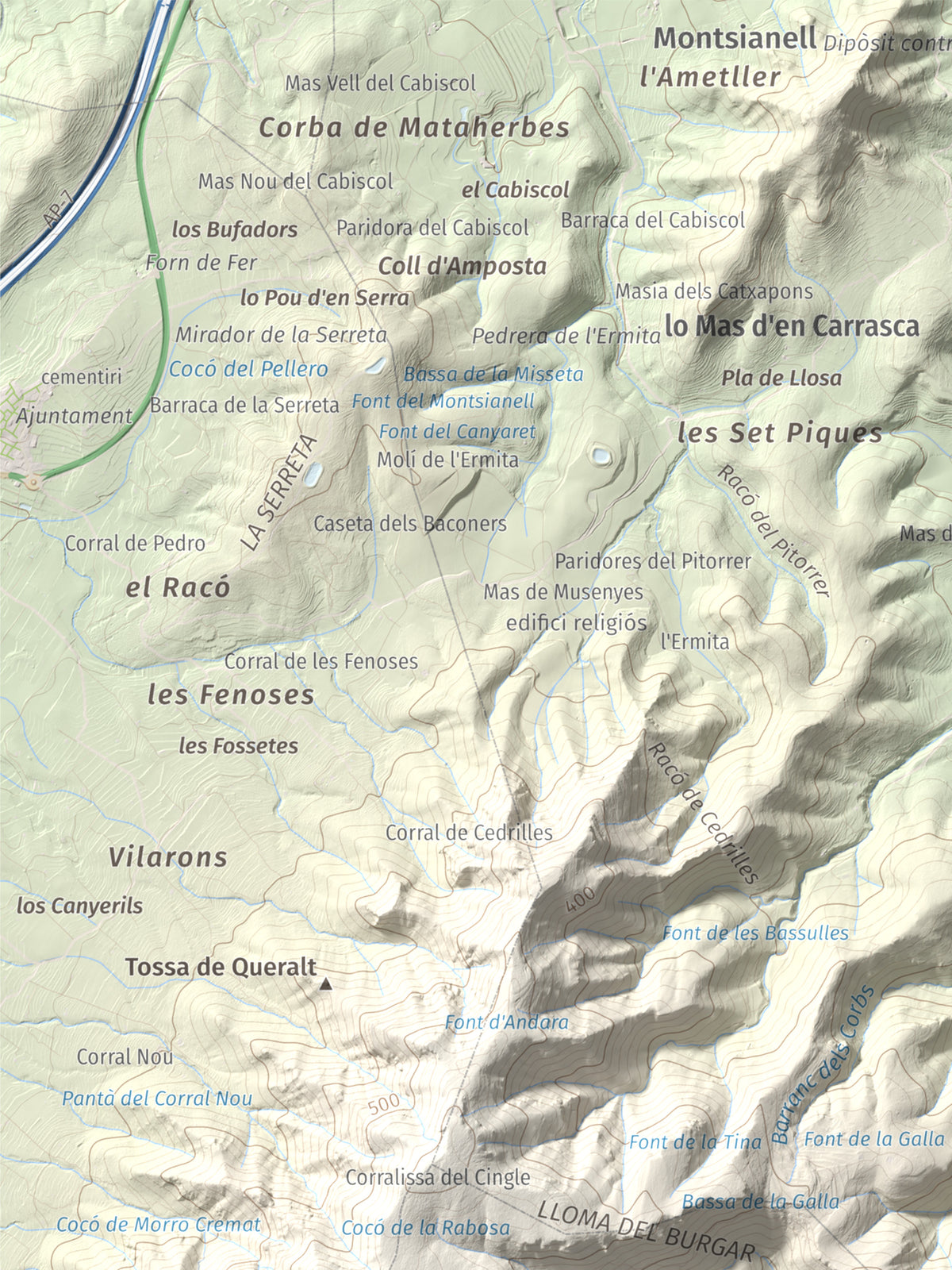 Mapa de relieve de els Quatre Mollons, 433 m, Montsià, lámina 100 Cims de Trobart. Detalle de la zona superior izquierda. 30 × 40 cm.