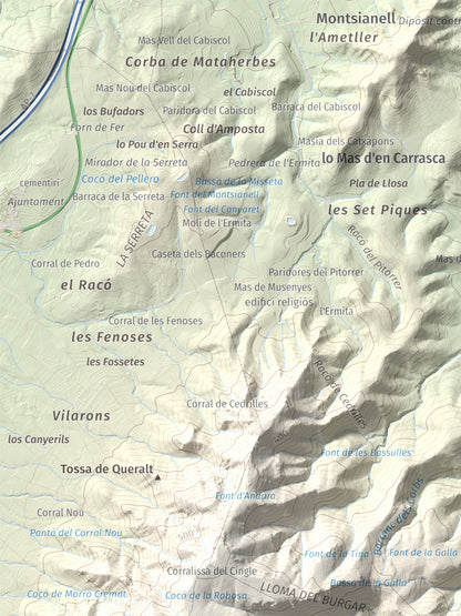 Mapa de relieve de els Quatre Mollons, 433 m, Montsià, lámina 100 Cims de Trobart. Detalle de la zona superior izquierda. 30 × 40 cm.
