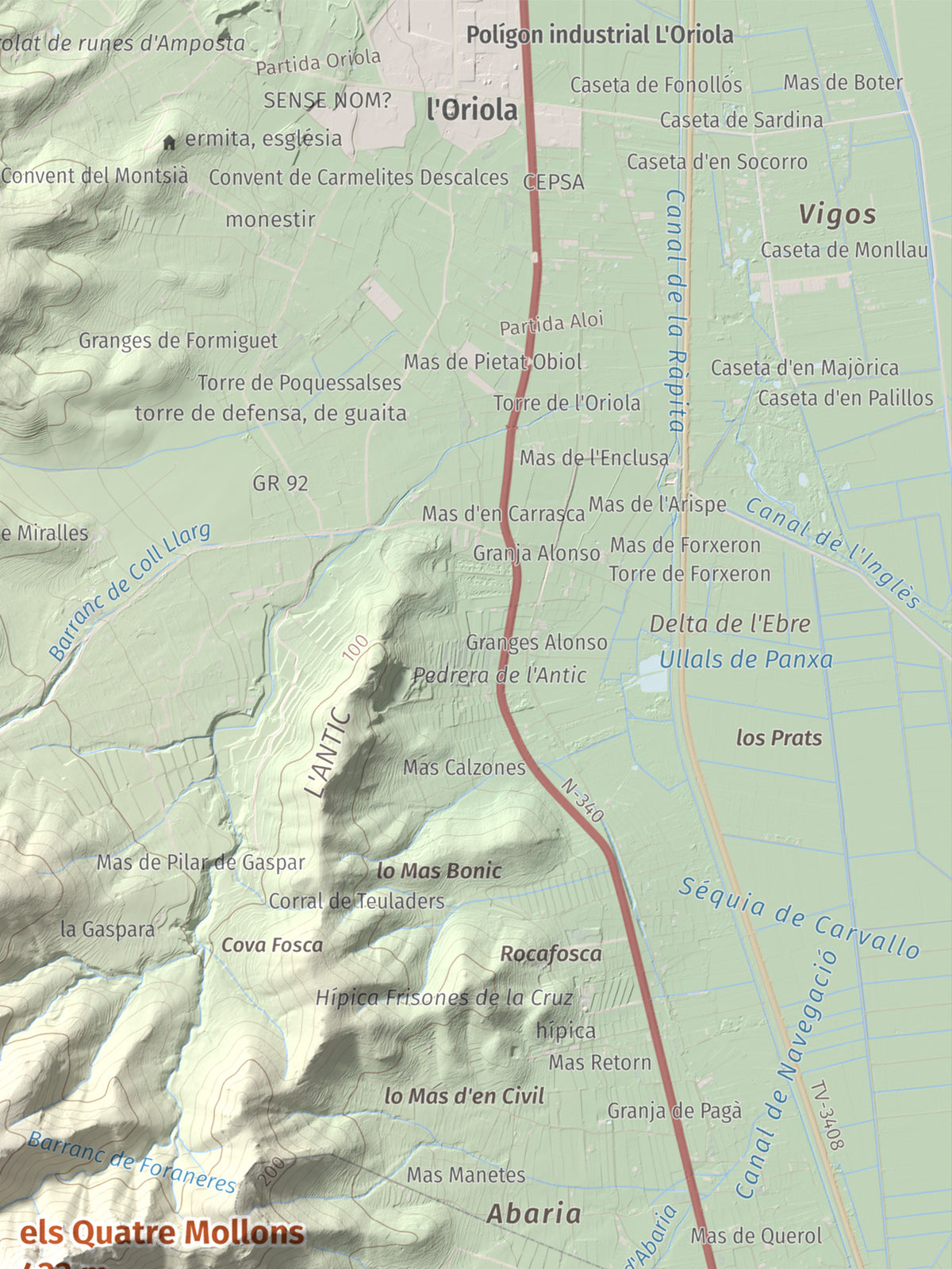 Mapa de relieve de els Quatre Mollons, 433 m, Montsià, lámina 100 Cims de Trobart. Detalle de la zona superior derecha. 30 × 40 cm.