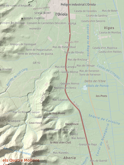 Mapa de relieve de els Quatre Mollons, 433 m, Montsià, lámina 100 Cims de Trobart. Detalle de la zona superior derecha. 30 × 40 cm.