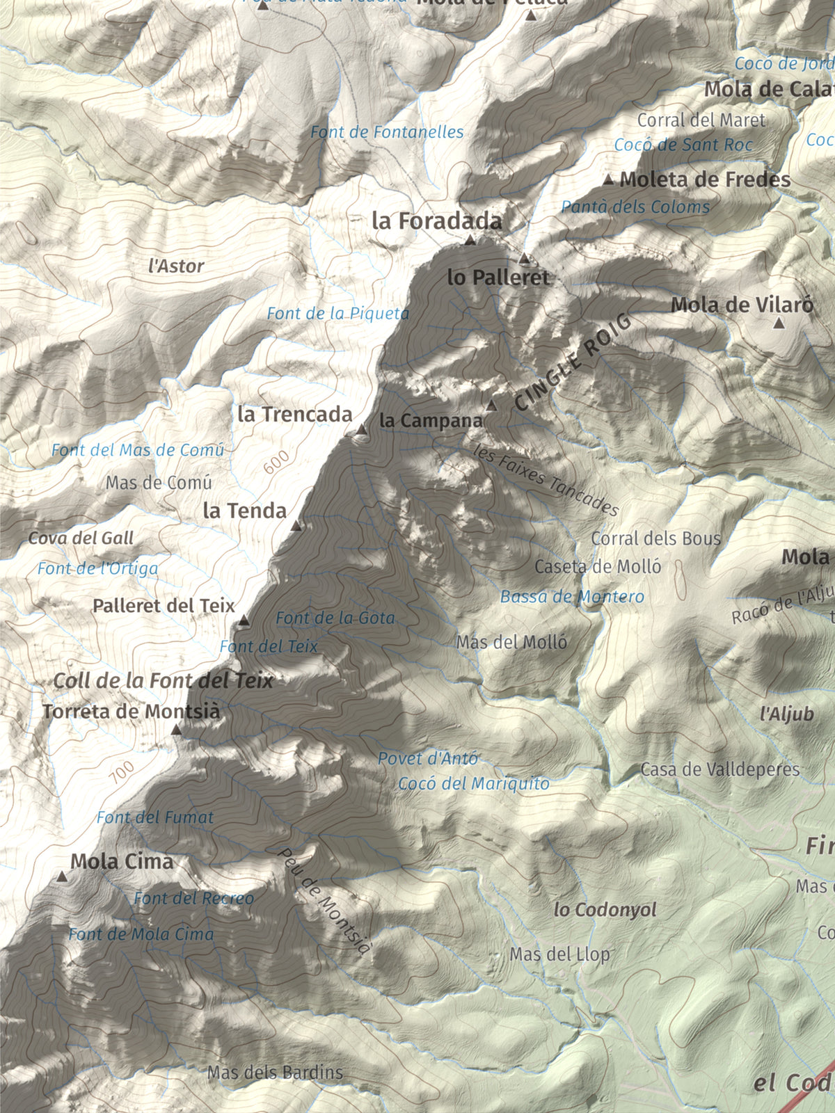 Mapa de relieve de els Quatre Mollons, 433 m, Montsià, lámina 100 Cims de Trobart. Detalle de la zona inferior izquierda. 30 × 40 cm.