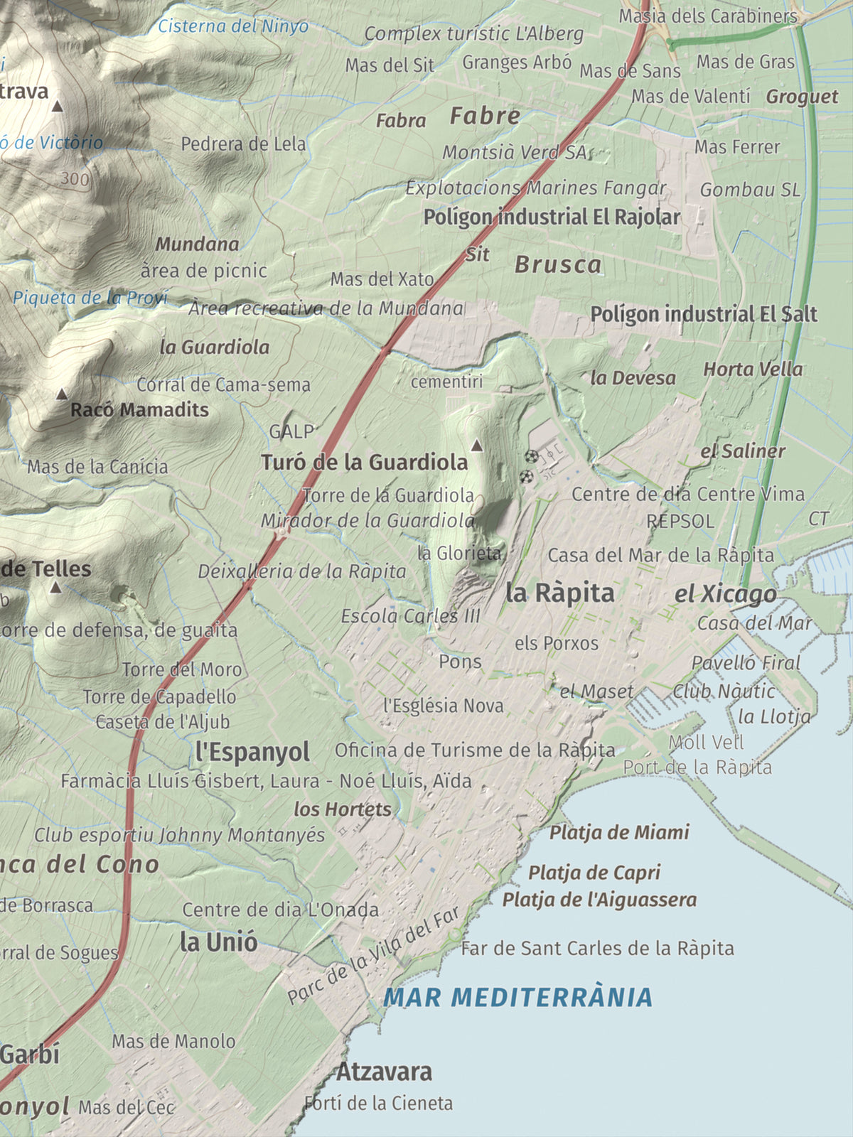 Mapa de relieve de els Quatre Mollons, 433 m, Montsià, lámina 100 Cims de Trobart. Detalle de la zona inferior derecha. 30 × 40 cm.