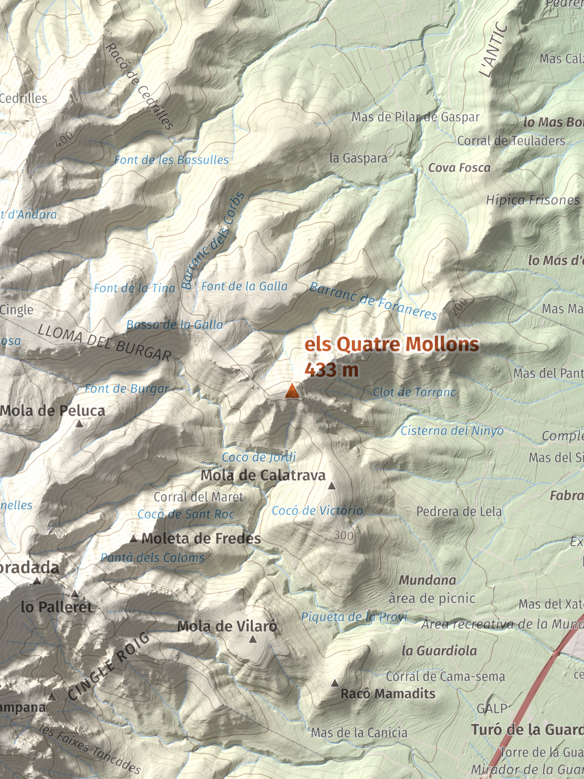Mapa de relieve de els Quatre Mollons, 433 m, Montsià, lámina 100 Cims de Trobart. Detalle de la zona central. 30 × 40 cm.
