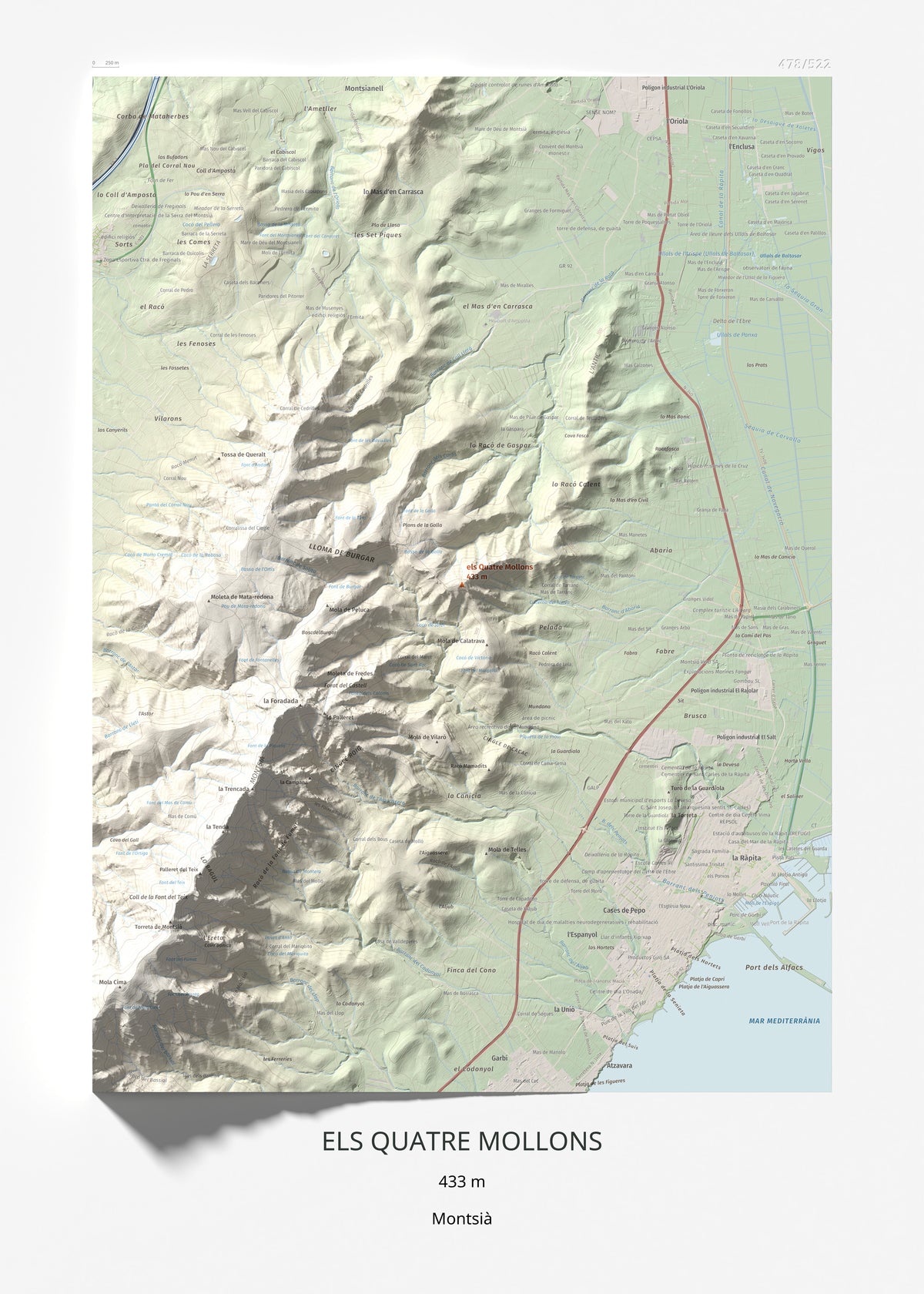 Mapa de relieve de els Quatre Mollons, 433 m, Montsià, lámina 100 Cims de Trobart 50 × 70 cm.