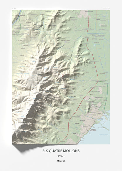 Mapa de relieve de els Quatre Mollons, 433 m, Montsià, lámina 100 Cims de Trobart 50 × 70 cm.