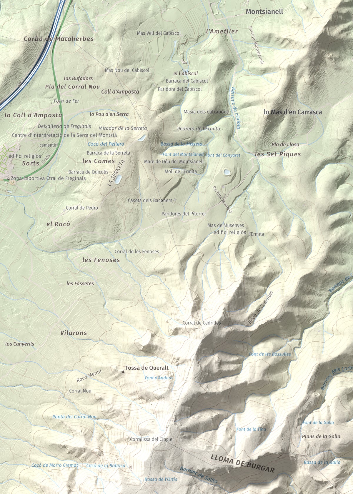 Mapa de relieve de els Quatre Mollons, 433 m, Montsià, lámina 100 Cims de Trobart. Detalle de la zona superior izquierda. 50 × 70 cm.