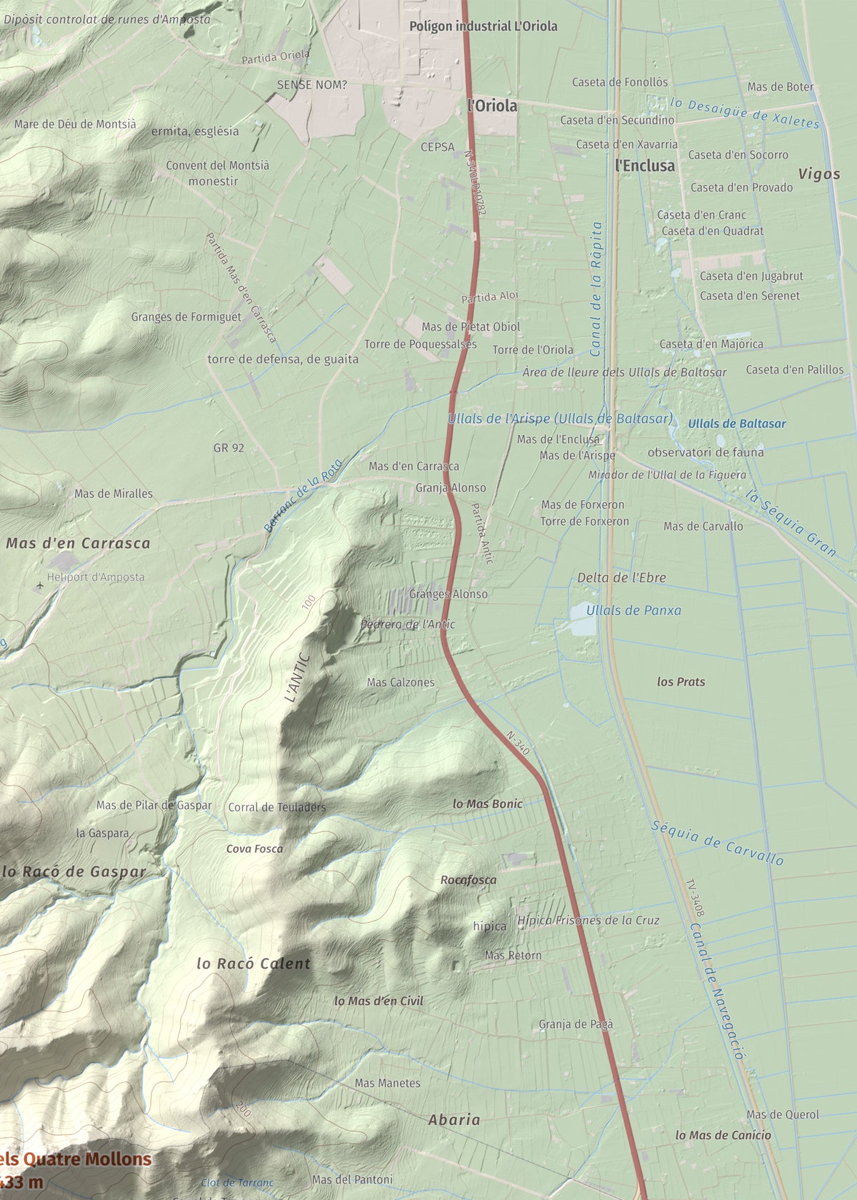 Mapa de relieve de els Quatre Mollons, 433 m, Montsià, lámina 100 Cims de Trobart. Detalle de la zona superior derecha. 50 × 70 cm.