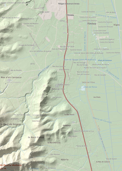 Mapa de relieve de els Quatre Mollons, 433 m, Montsià, lámina 100 Cims de Trobart. Detalle de la zona superior derecha. 50 × 70 cm.