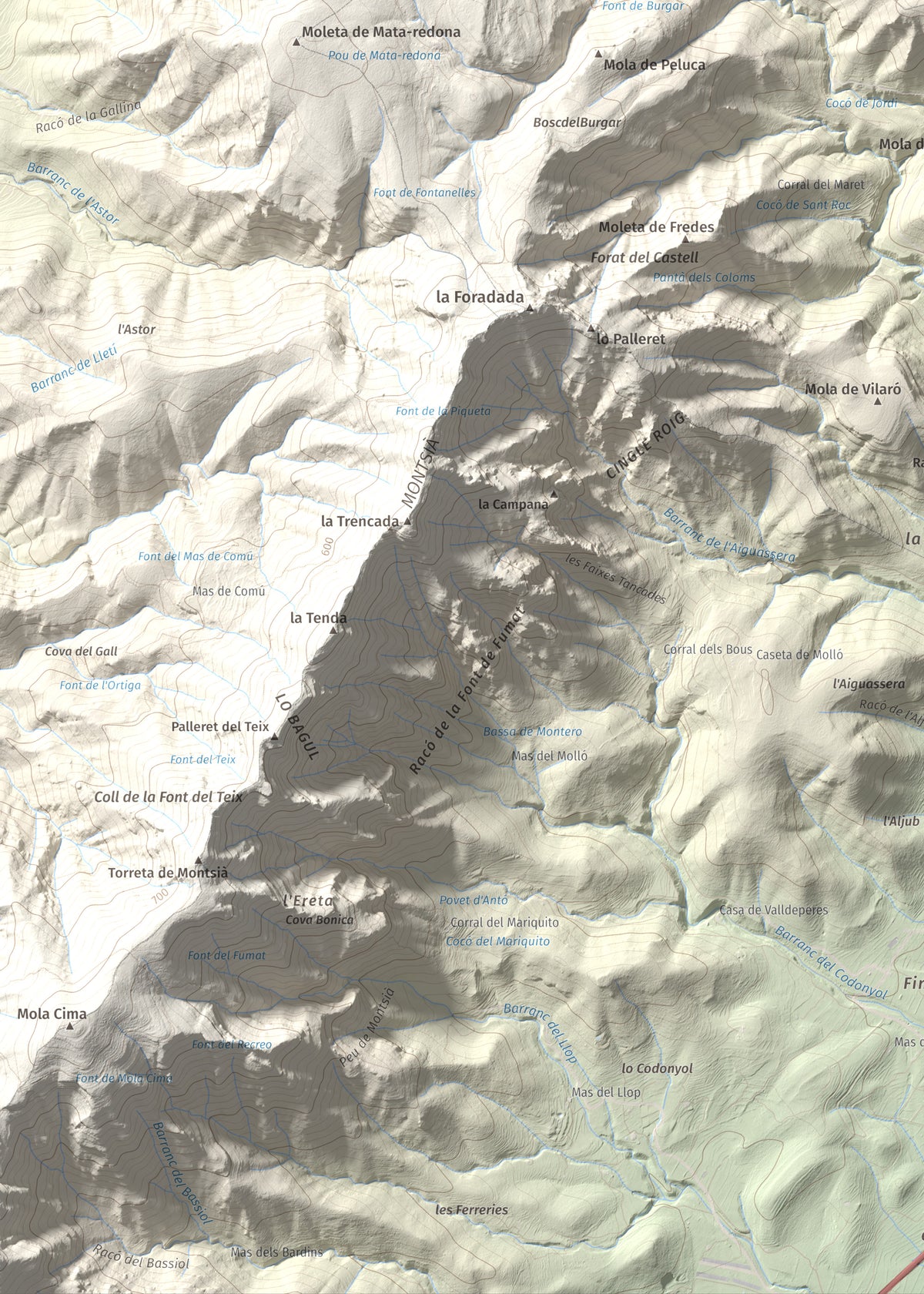 Mapa de relieve de els Quatre Mollons, 433 m, Montsià, lámina 100 Cims de Trobart. Detalle de la zona inferior izquierda. 50 × 70 cm.