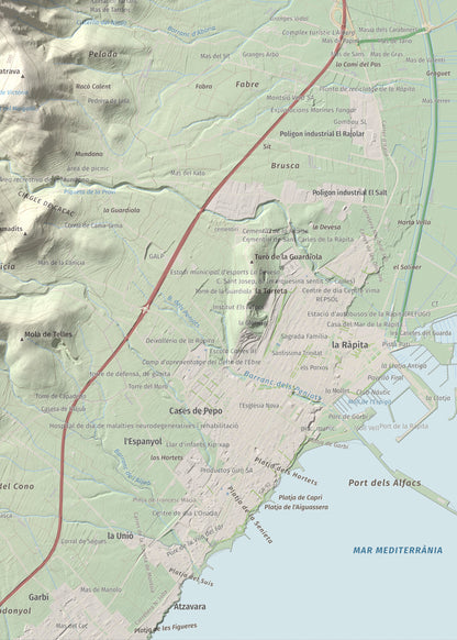 Mapa de relieve de els Quatre Mollons, 433 m, Montsià, lámina 100 Cims de Trobart. Detalle de la zona inferior derecha. 50 × 70 cm.