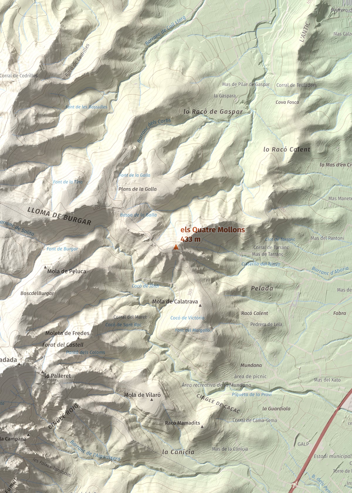Mapa de relieve de els Quatre Mollons, 433 m, Montsià, lámina 100 Cims de Trobart. Detalle de la zona central. 50 × 70 cm.