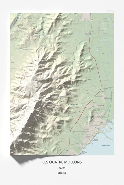 Mapa de relieve de els Quatre Mollons, 433 m, Montsià, lámina 100 Cims de Trobart 61 × 91 cm.