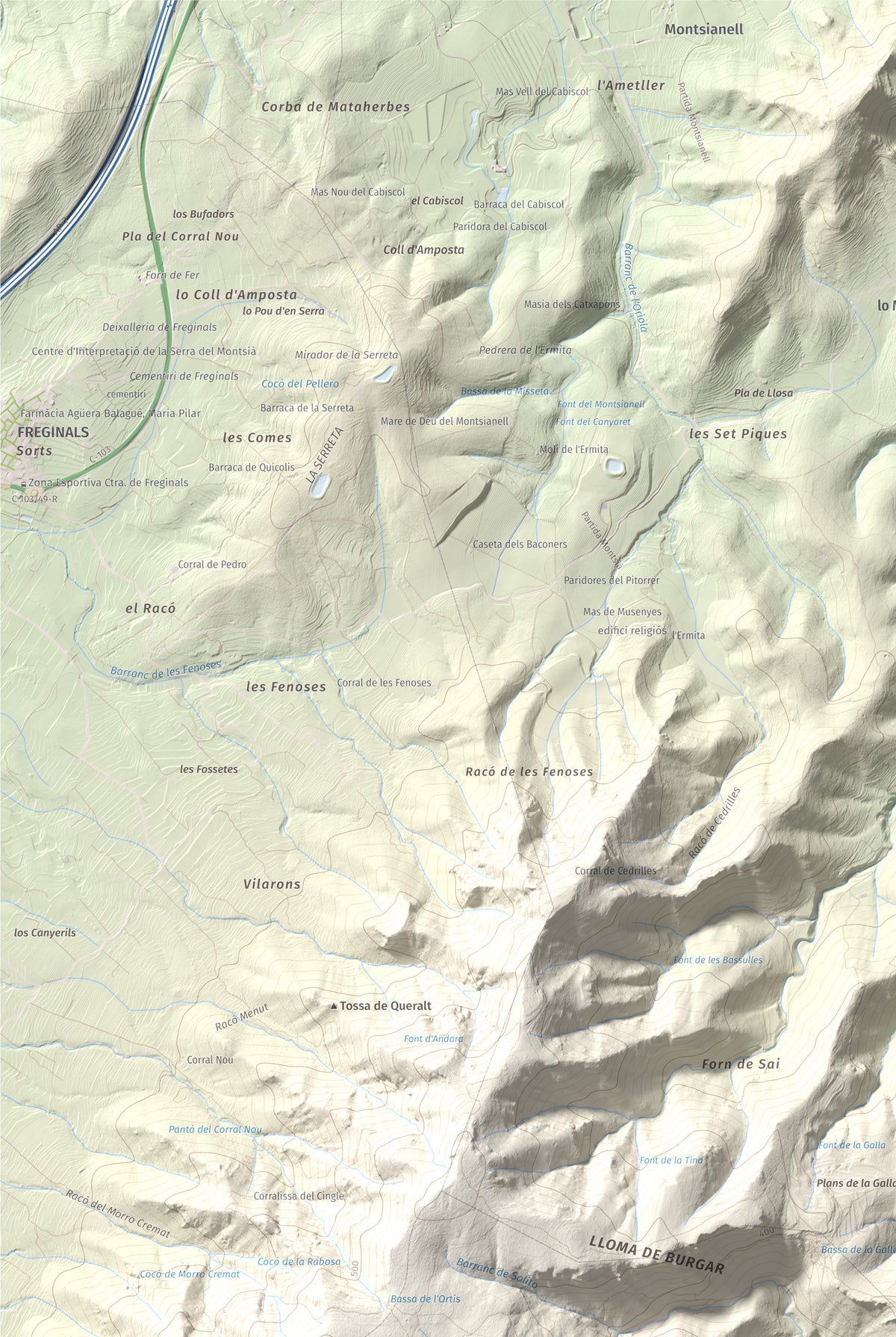 Mapa de relieve de els Quatre Mollons, 433 m, Montsià, lámina 100 Cims de Trobart. Detalle de la zona superior izquierda. 61 × 91 cm.