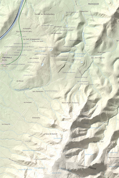 Mapa de relieve de els Quatre Mollons, 433 m, Montsià, lámina 100 Cims de Trobart. Detalle de la zona superior izquierda. 61 × 91 cm.