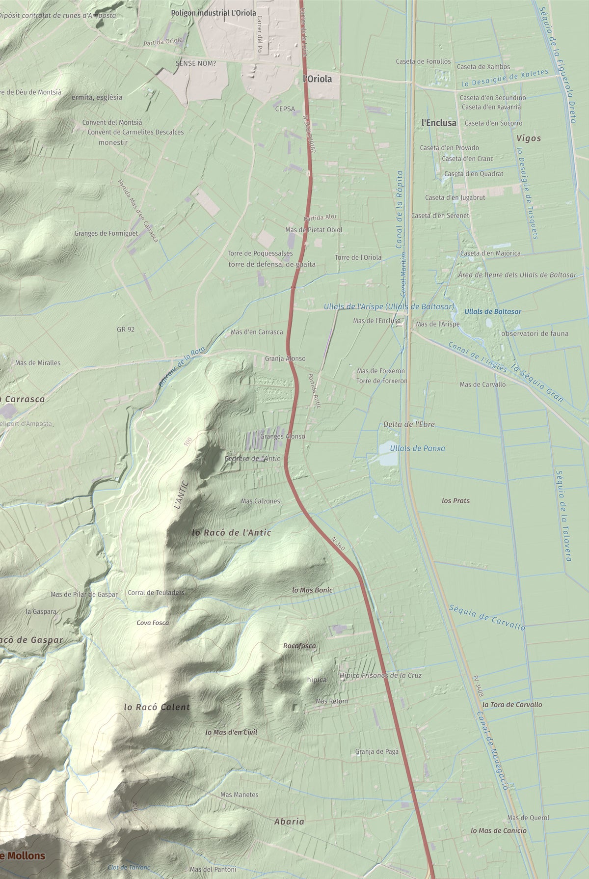 Mapa de relieve de els Quatre Mollons, 433 m, Montsià, lámina 100 Cims de Trobart. Detalle de la zona superior derecha. 61 × 91 cm.