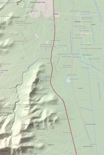 Mapa de relieve de els Quatre Mollons, 433 m, Montsià, lámina 100 Cims de Trobart. Detalle de la zona superior derecha. 61 × 91 cm.