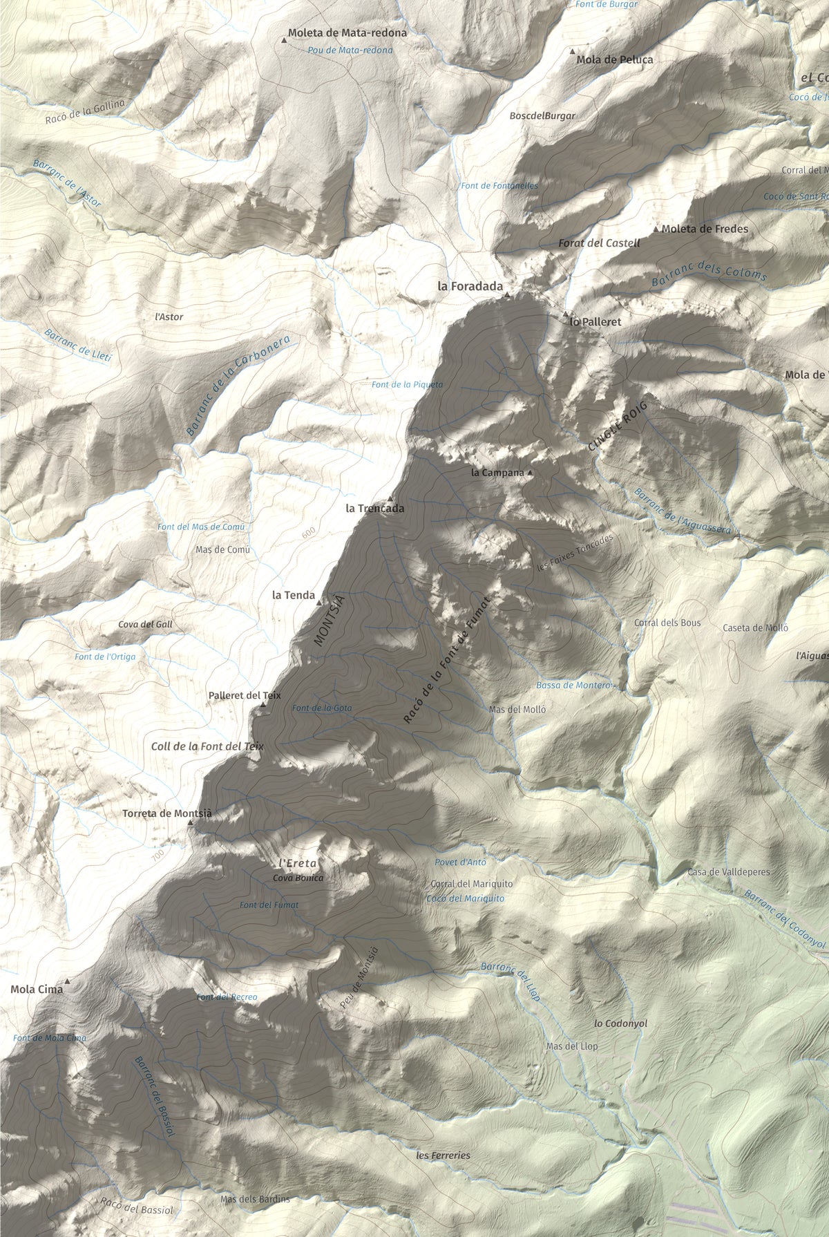 Mapa de relieve de els Quatre Mollons, 433 m, Montsià, lámina 100 Cims de Trobart. Detalle de la zona inferior izquierda. 61 × 91 cm.