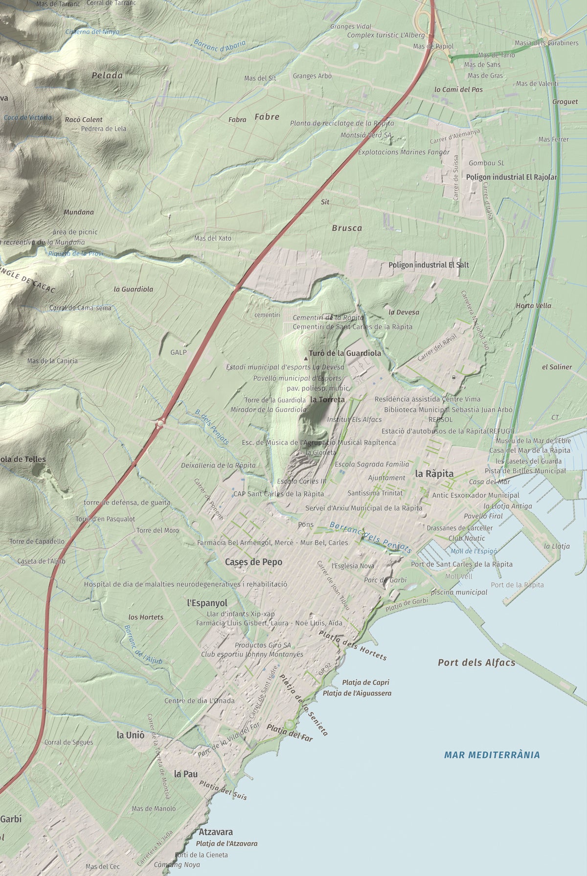 Mapa de relieve de els Quatre Mollons, 433 m, Montsià, lámina 100 Cims de Trobart. Detalle de la zona inferior derecha. 61 × 91 cm.