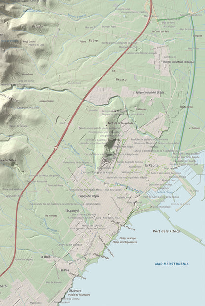 Mapa de relieve de els Quatre Mollons, 433 m, Montsià, lámina 100 Cims de Trobart. Detalle de la zona inferior derecha. 61 × 91 cm.