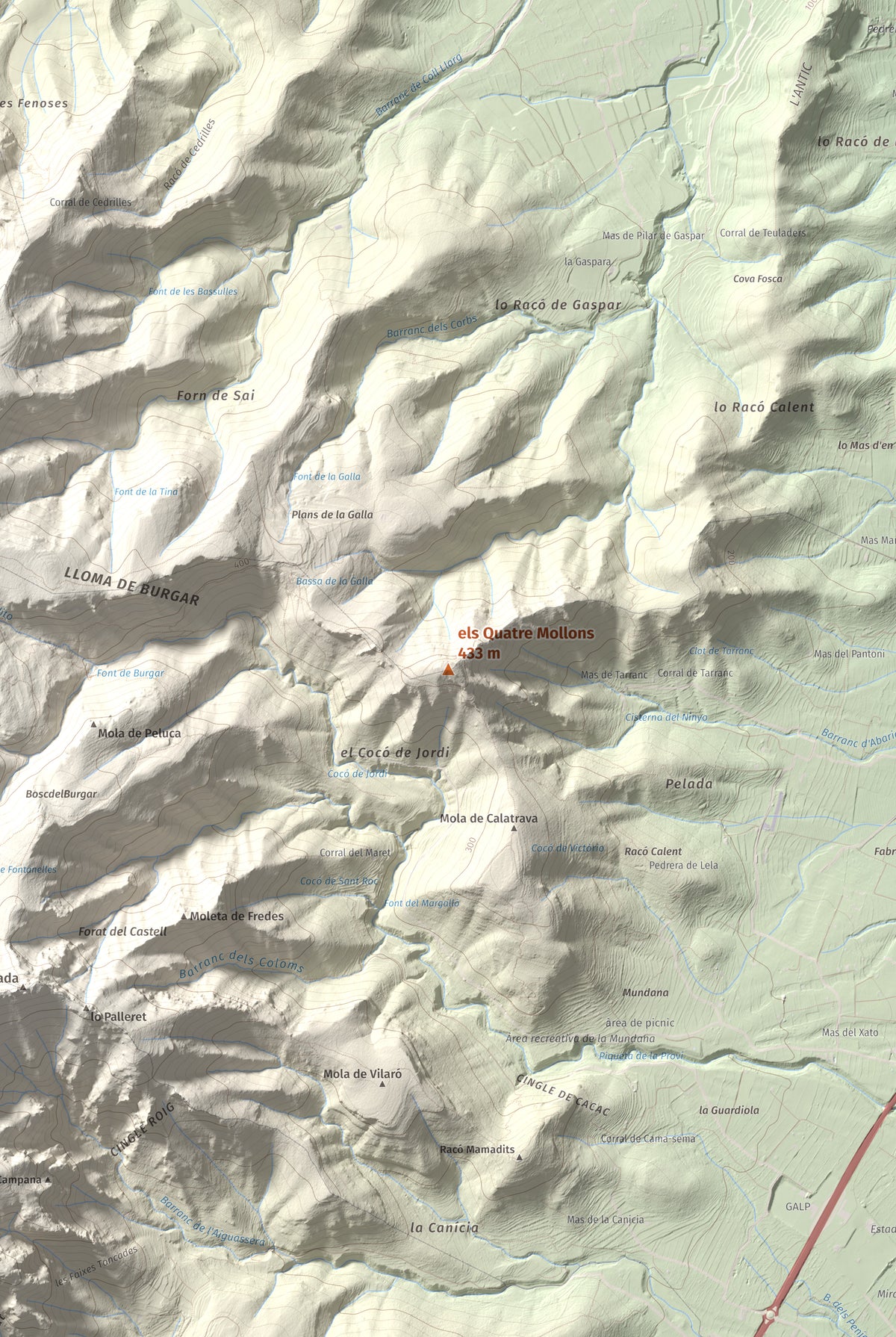 Mapa de relieve de els Quatre Mollons, 433 m, Montsià, lámina 100 Cims de Trobart. Detalle de la zona central. 61 × 91 cm.