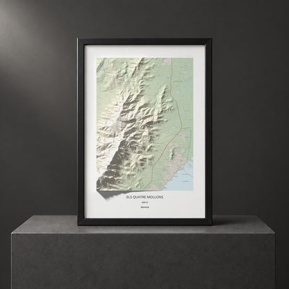 Mapa de relieve de els Quatre Mollons, 433 m, Montsià, lámina 100 Cims de Trobart. Presentación enmarcada. 70 × 100 cm.