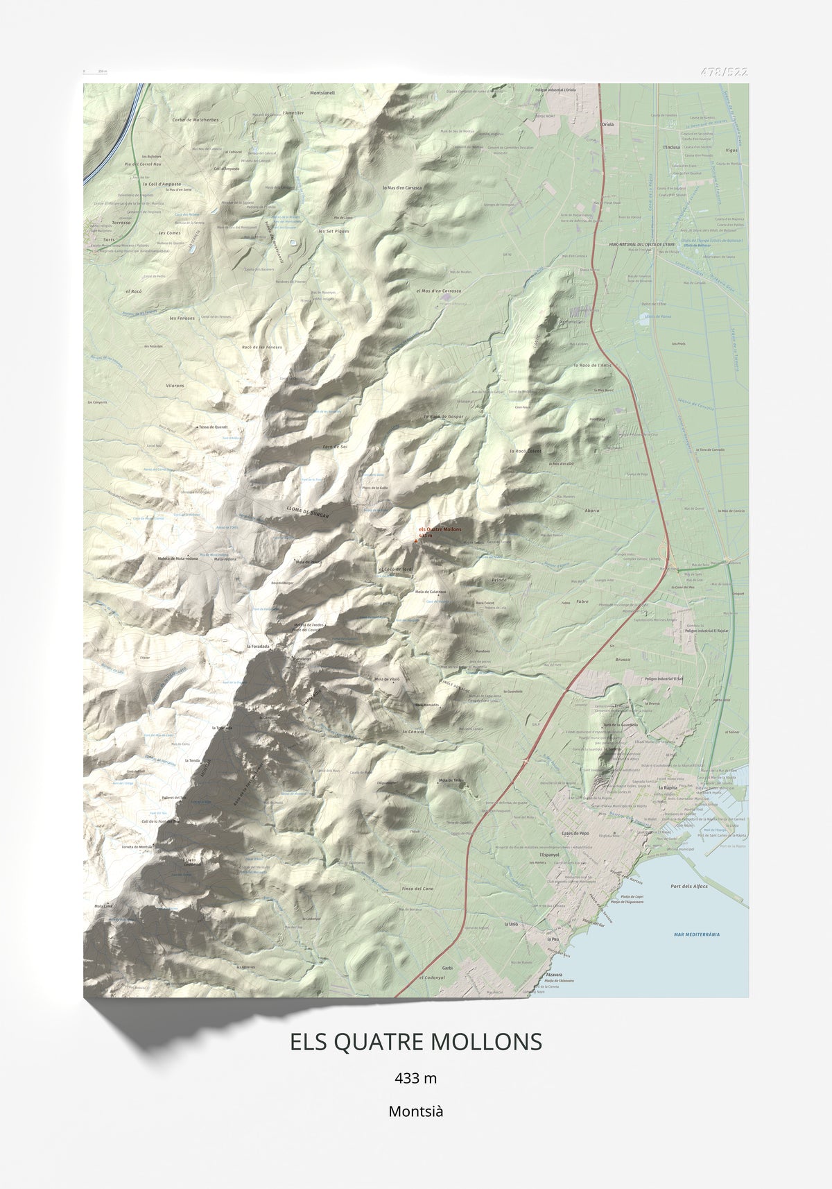 Mapa de relieve de els Quatre Mollons, 433 m, Montsià, lámina 100 Cims de Trobart 70 × 100 cm.