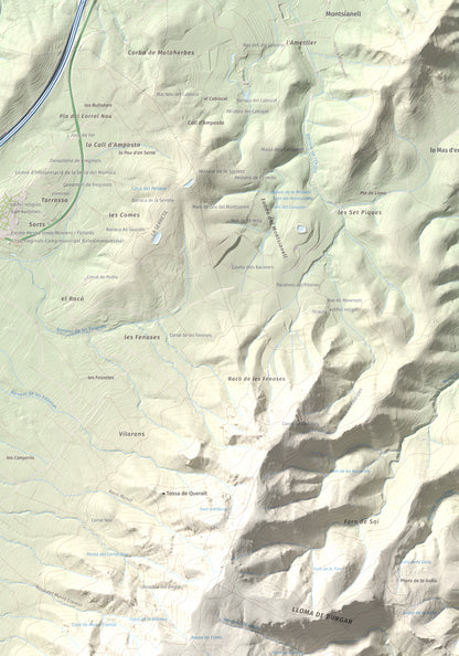 Mapa de relieve de els Quatre Mollons, 433 m, Montsià, lámina 100 Cims de Trobart. Detalle de la zona superior izquierda. 70 × 100 cm.
