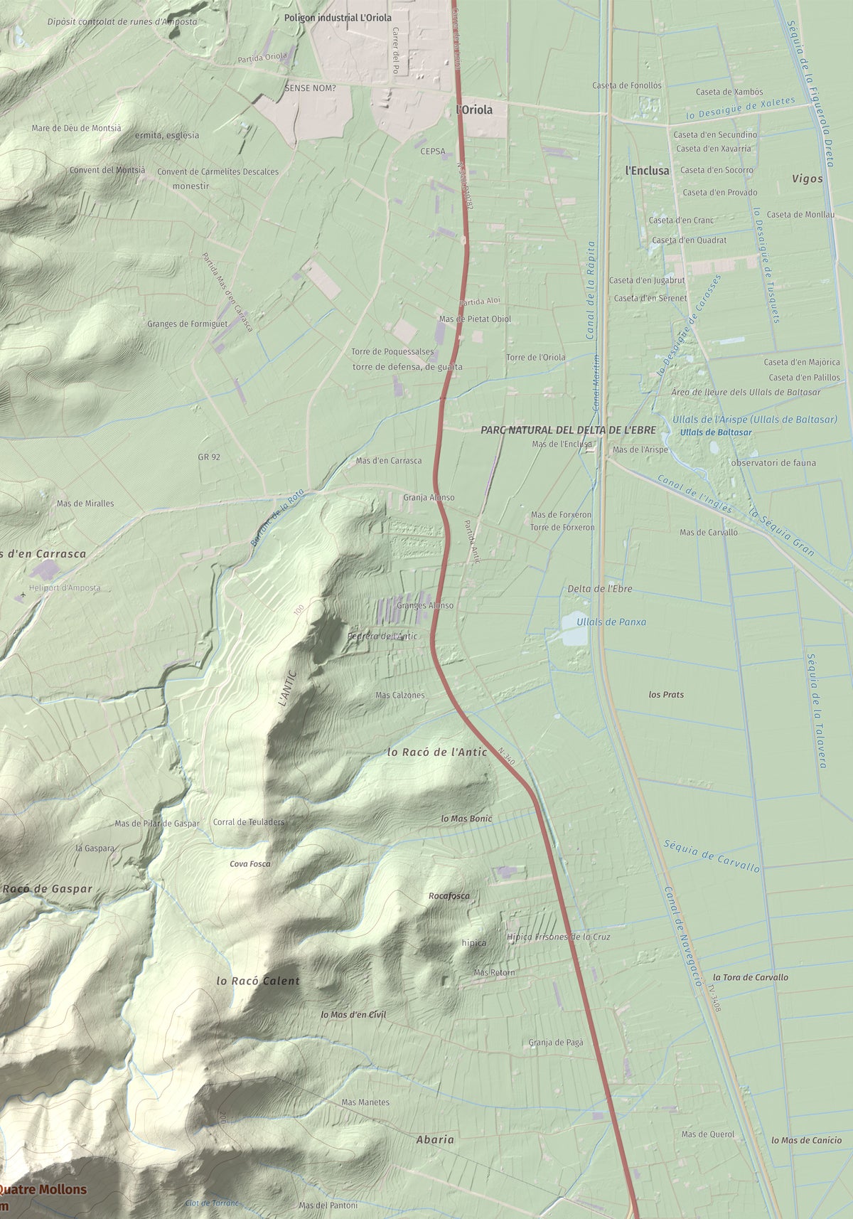 Mapa de relieve de els Quatre Mollons, 433 m, Montsià, lámina 100 Cims de Trobart. Detalle de la zona superior derecha. 70 × 100 cm.