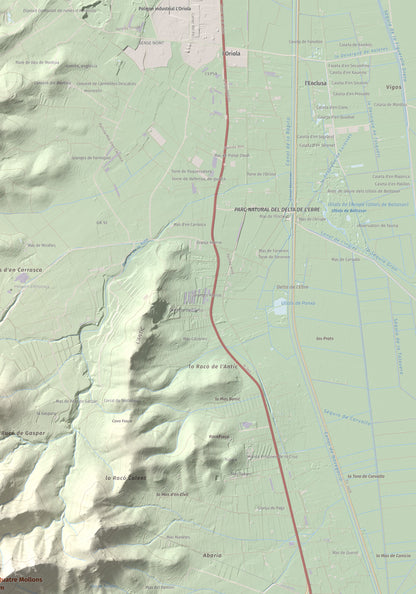 Mapa de relieve de els Quatre Mollons, 433 m, Montsià, lámina 100 Cims de Trobart. Detalle de la zona superior derecha. 70 × 100 cm.