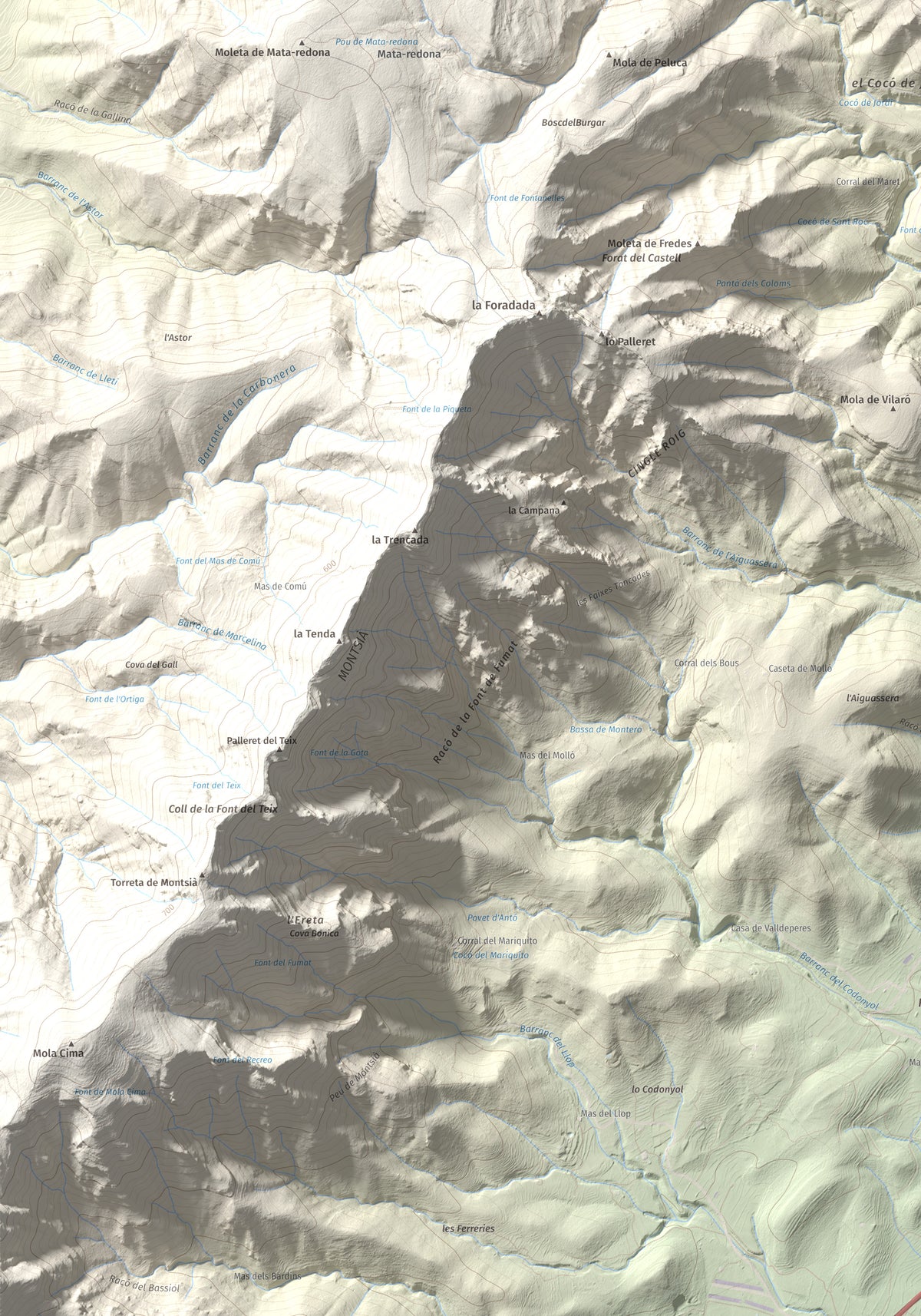 Mapa de relieve de els Quatre Mollons, 433 m, Montsià, lámina 100 Cims de Trobart. Detalle de la zona inferior izquierda. 70 × 100 cm.