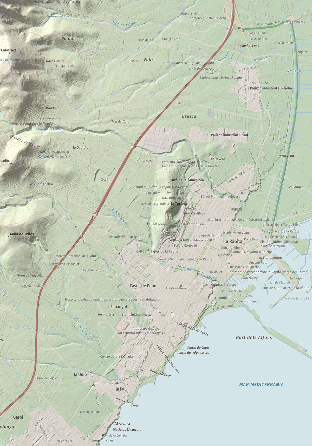 Mapa de relieve de els Quatre Mollons, 433 m, Montsià, lámina 100 Cims de Trobart. Detalle de la zona inferior derecha. 70 × 100 cm.