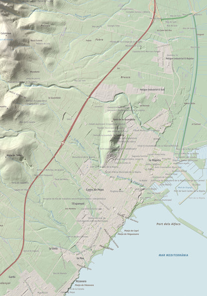 Mapa de relieve de els Quatre Mollons, 433 m, Montsià, lámina 100 Cims de Trobart. Detalle de la zona inferior derecha. 70 × 100 cm.