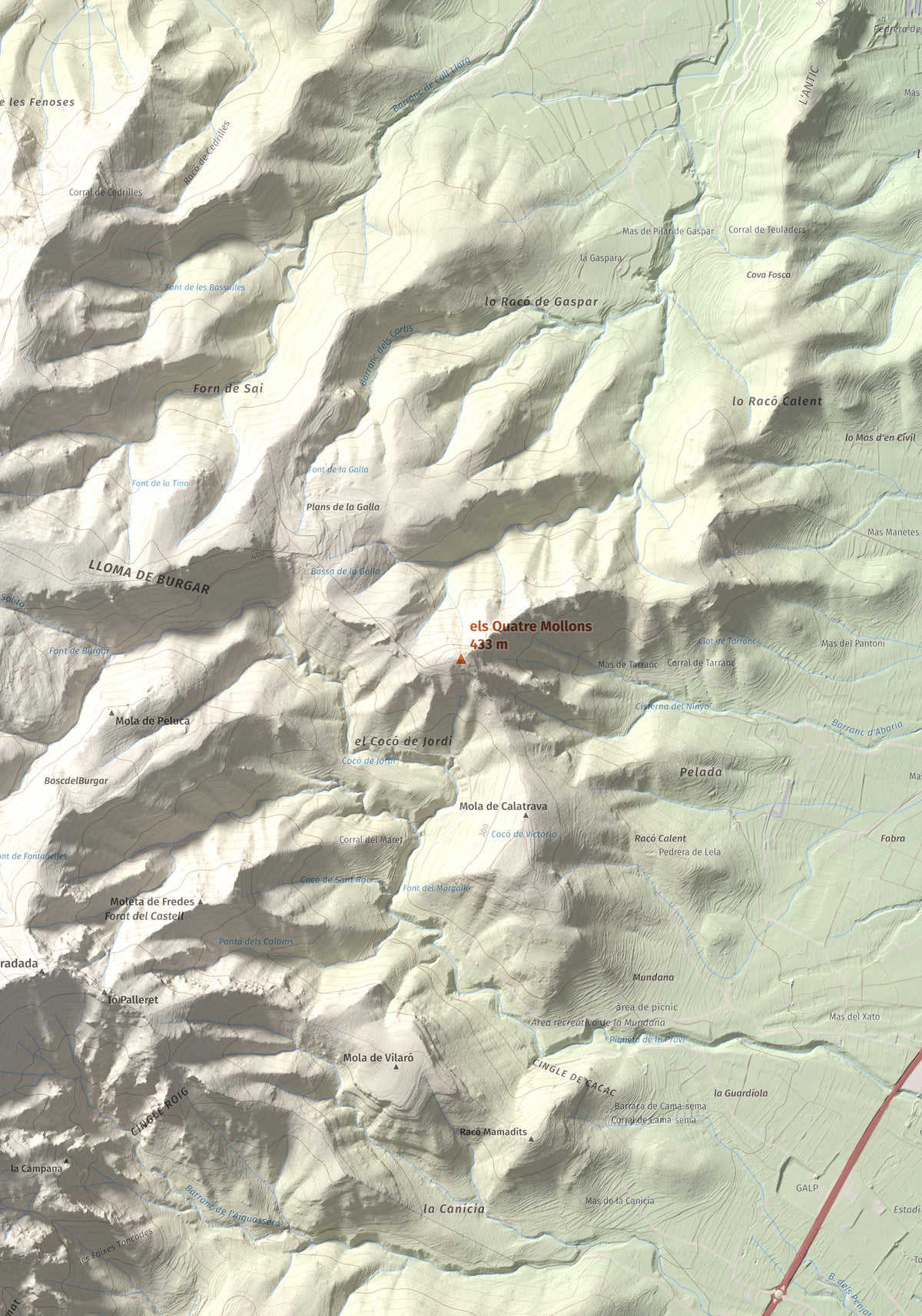Mapa de relieve de els Quatre Mollons, 433 m, Montsià, lámina 100 Cims de Trobart. Detalle de la zona central. 70 × 100 cm.