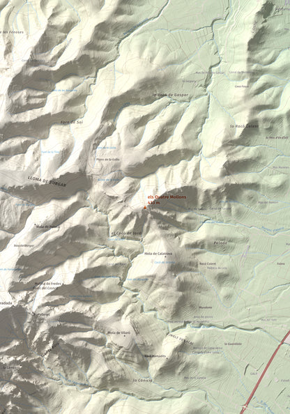 Mapa de relieve de els Quatre Mollons, 433 m, Montsià, lámina 100 Cims de Trobart. Detalle de la zona central. 70 × 100 cm.