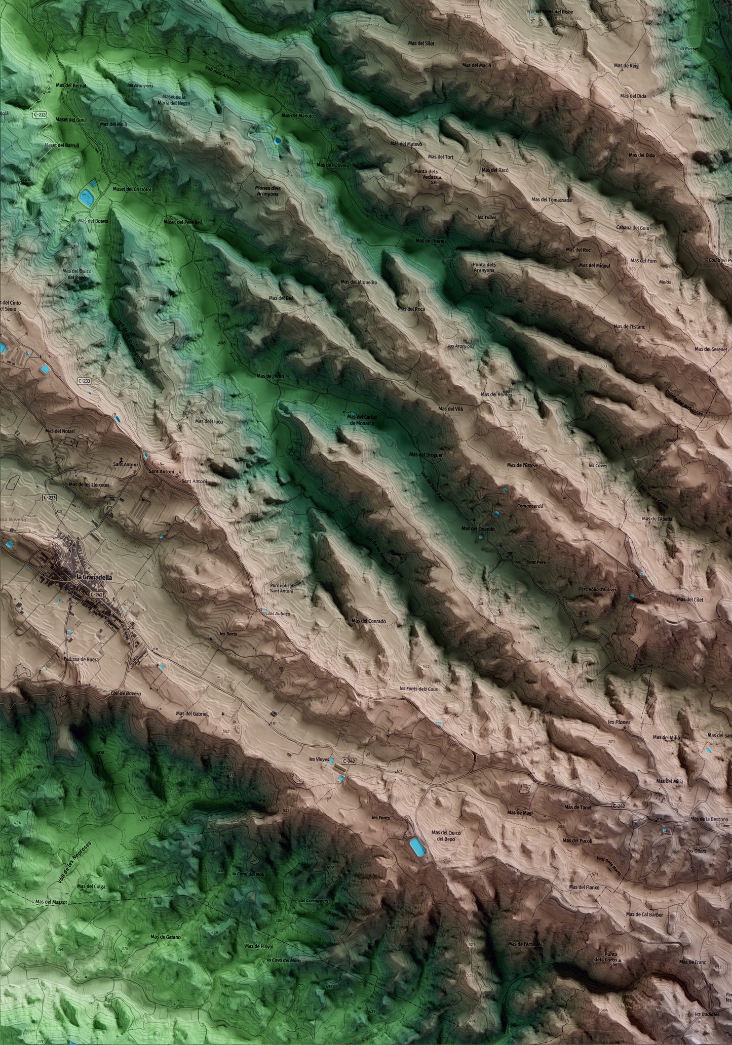 Mapa artístico del relieve dels Torms, a las Garrigues, con 15 km de entorno y base topográfica ICGC. Detalle de la zona inferior izquierda.