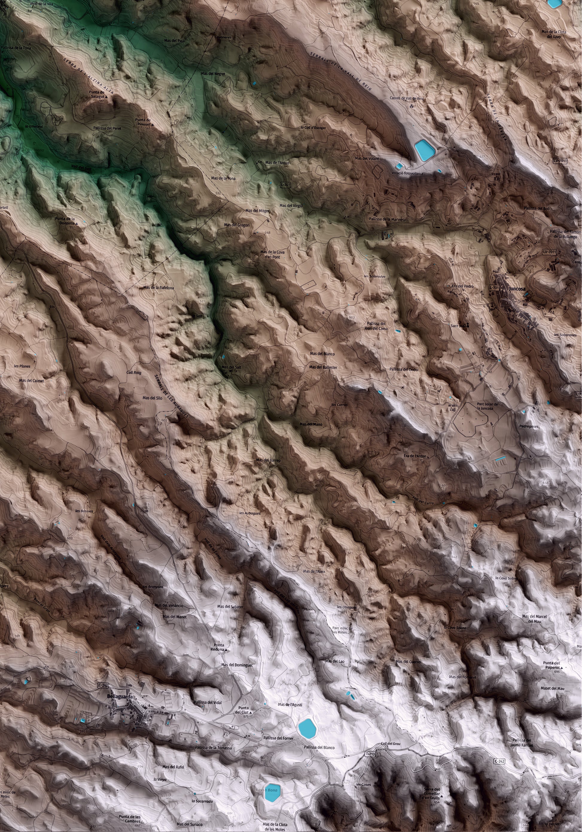 Mapa artístico del relieve dels Torms, a las Garrigues, con 15 km de entorno y base topográfica ICGC. Detalle de la zona inferior derecha.