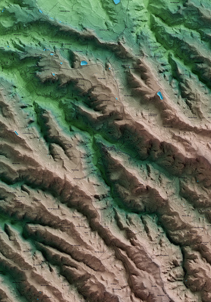 Mapa artístico del relieve dels Torms, a las Garrigues, con 15 km de entorno y base topográfica ICGC. Detalle de la zona central.