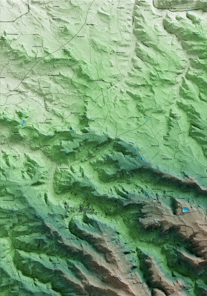 Mapa artístico del relieve dels Torms, a las Garrigues, con 15 km de entorno y base topográfica ICGC. Detalle de la zona superior izquierda.