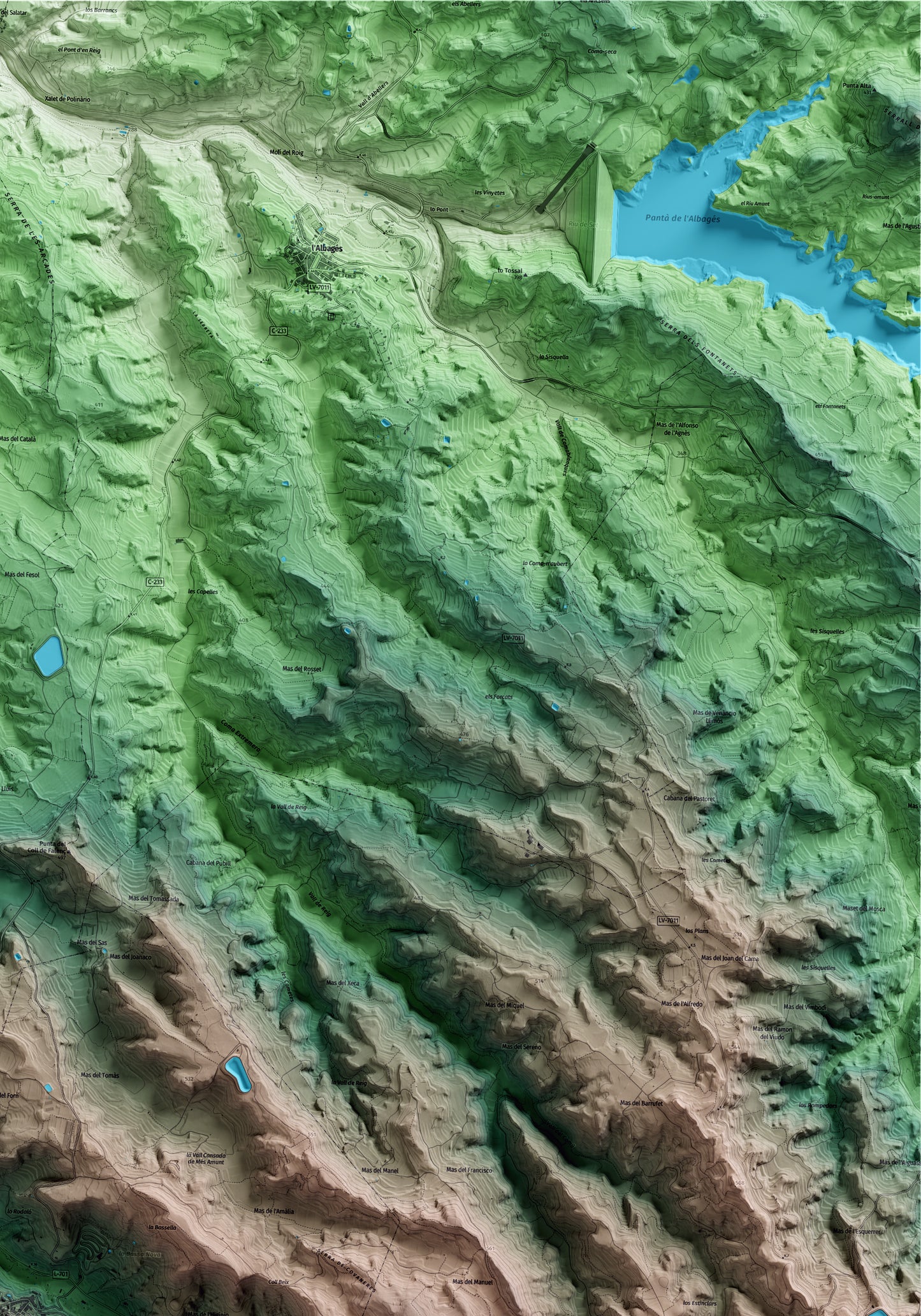 Mapa artístico del relieve dels Torms, a las Garrigues, con 15 km de entorno y base topográfica ICGC. Detalle de la zona superior derecha.