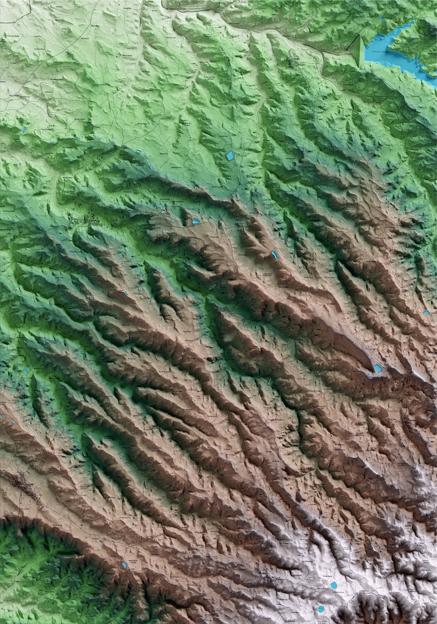 Mapa artístico del relieve dels Torms, a las Garrigues, con 15 km de entorno y base topográfica ICGC