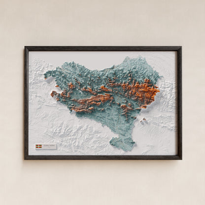 Euskal Herria, Blau i taronja, 70 × 100 cm: presentació en marc negre (marc no inclòs).