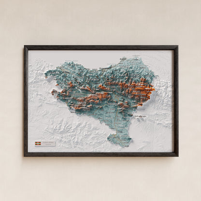Euskal Herria, Blau i taronja, 21 × 30 cm: presentació en marc negre (marc no inclòs).