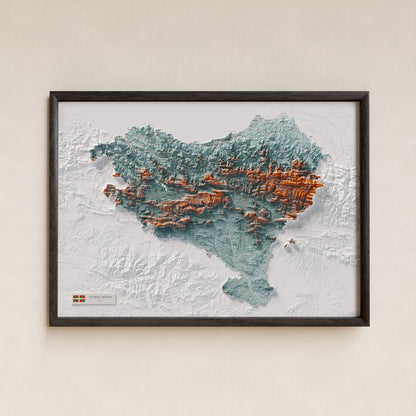 Euskal Herria, Blau i taronja, 50 × 70 cm: presentació en marc negre (marc no inclòs).