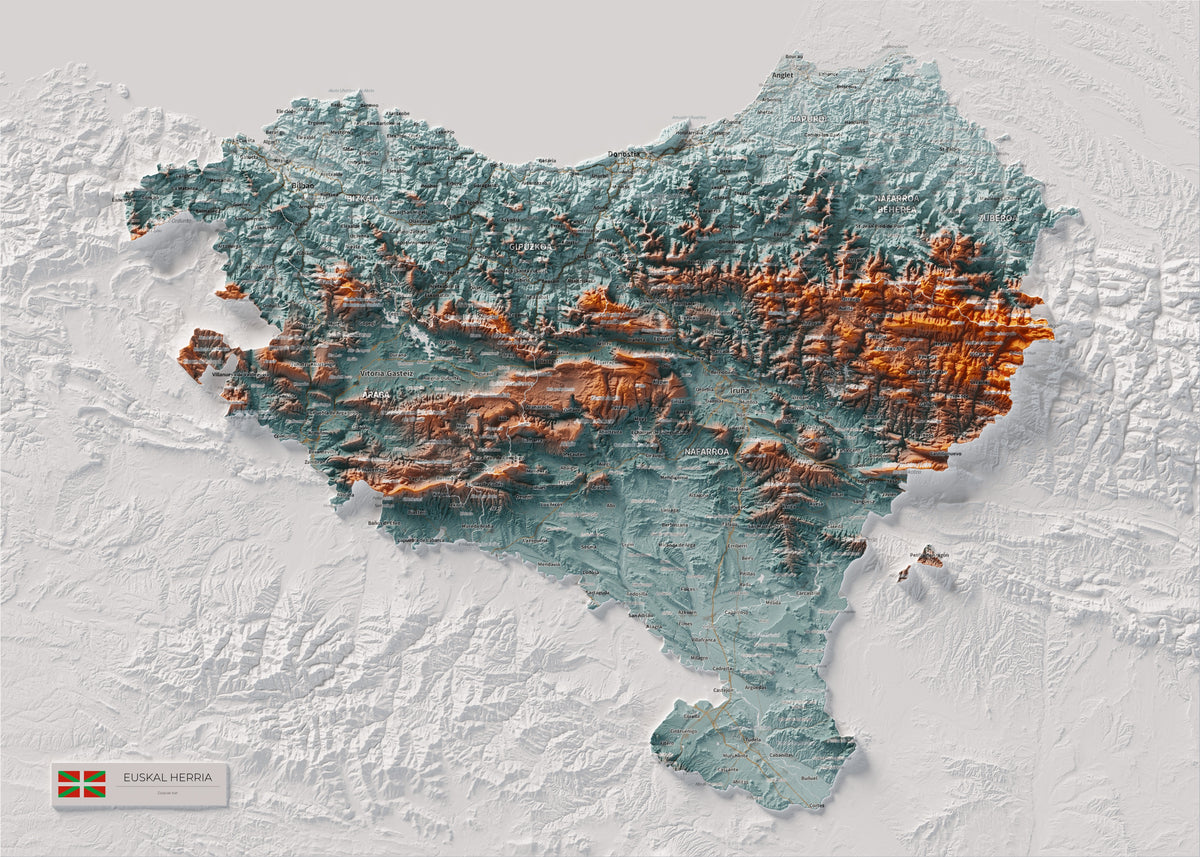 Euskal Herria, Blau i taronja, 50 × 70 cm: mapa complet.